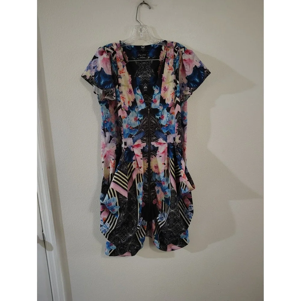 City Chic Floral Geometric Front Zip Romper Black Blue Pink Size S 16